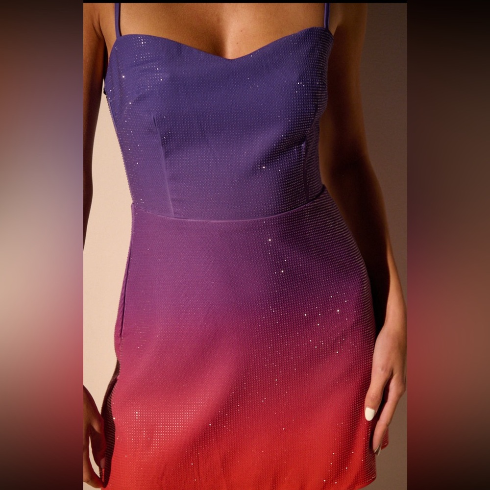 NWT Sunset Lovers Ombre Gradient Sparkly Rhinestone Mini Dress Purple Pink Red L - Picture 8 of 10